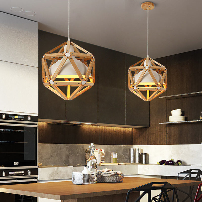 Geometric Kitchen Bar Hanging Light Wood 1-Light Modern Ceiling Pendant in Light/Dark Brown with Inner Bowl Metal Shade