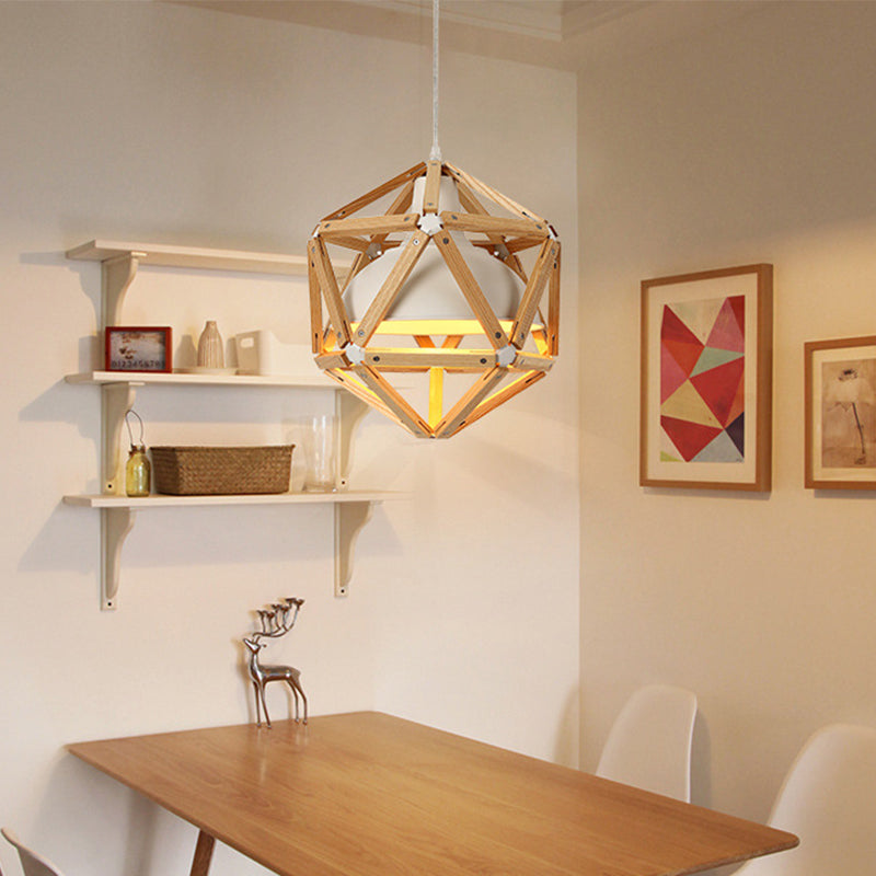 Geometric Kitchen Bar Hanging Light Wood 1-Light Modern Ceiling Pendant in Light/Dark Brown with Inner Bowl Metal Shade