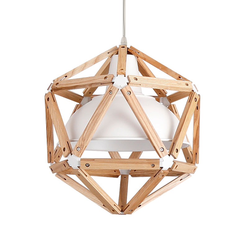 Geometric Kitchen Bar Hanging Light Wood 1-Light Modern Ceiling Pendant in Light/Dark Brown with Inner Bowl Metal Shade
