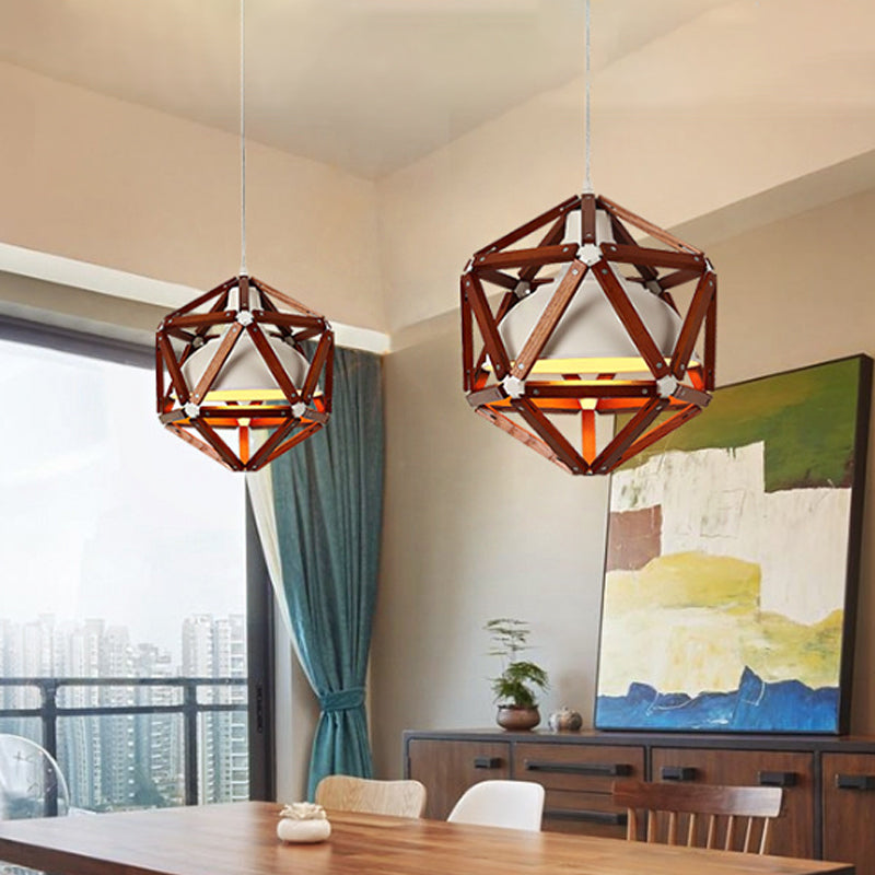 Geometrische keukenbalk Hangende licht houten 1-licht moderne plafondhanger in licht/donkerbruin met metalen schaduw van binnenste kom metalen