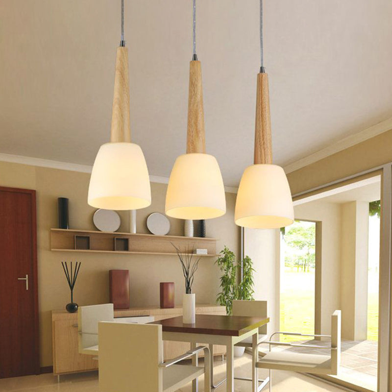 1/3-Light Kitchen Dinette Cluster Pendant Nordic Wood Hanging Light with Bell Milk Glass Shade and Handle