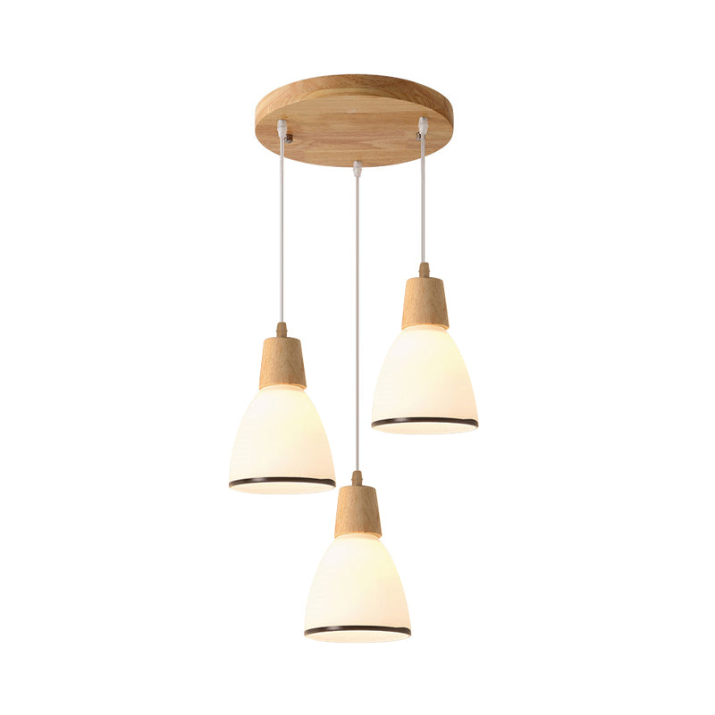 Bell / bol / baril plafond lampe à pendaison nordique en verre ivoire en verre 3-têtes Salle à manger ronde / cluster linéaire cluster en bois en bois