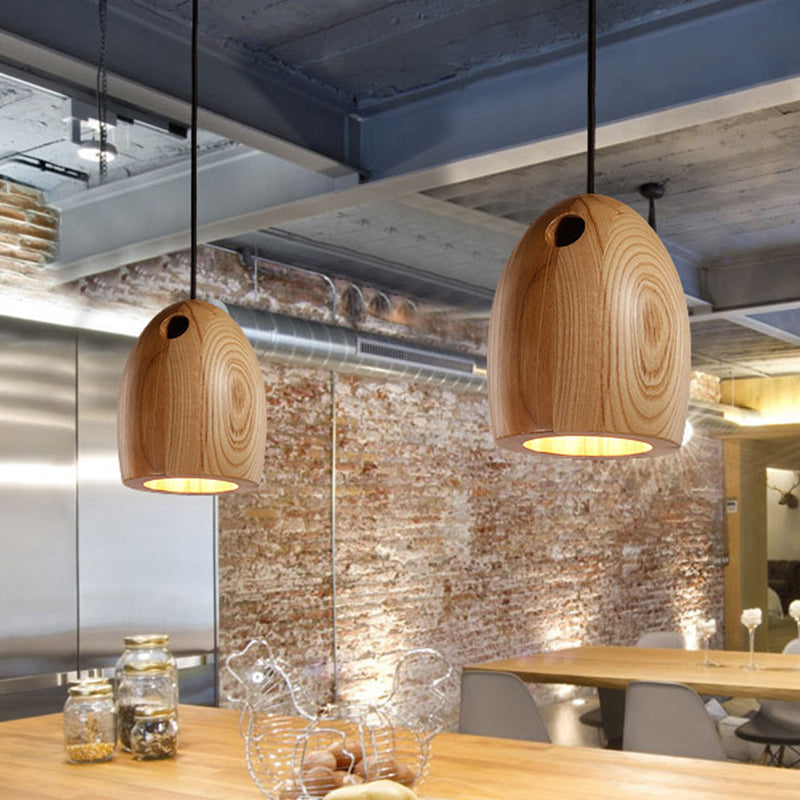Wooden Dome Small Pendant Lamp Nordic 1-Light Beige Ceiling Hang Light for Dining Room