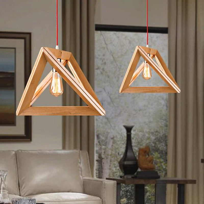 Simple Single Bulb Drop Pendant Beige Triangle Hanging Light with Wood Cage, 12.5"/14.5"/16.5" Width