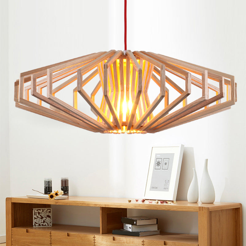 UFO Hollowed out Wood Ceiling Pendant Modern Single Beige Suspension Light for Bedroom
