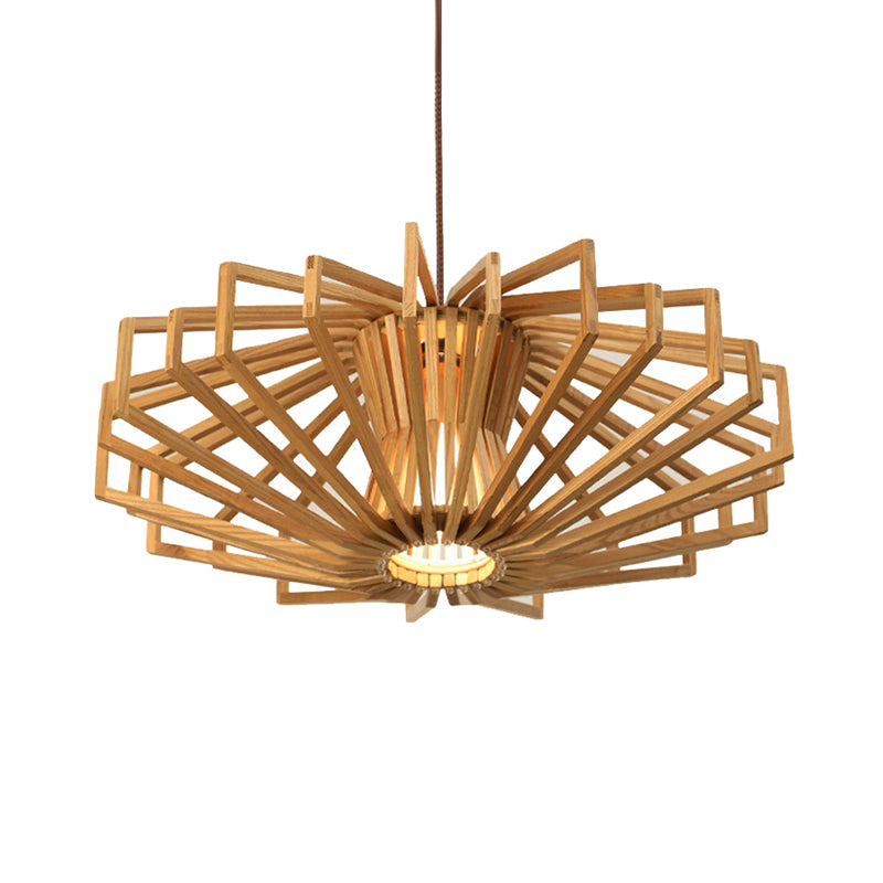 UFO Hollowed out Wood Ceiling Pendant Modern Single Beige Suspension Light for Bedroom