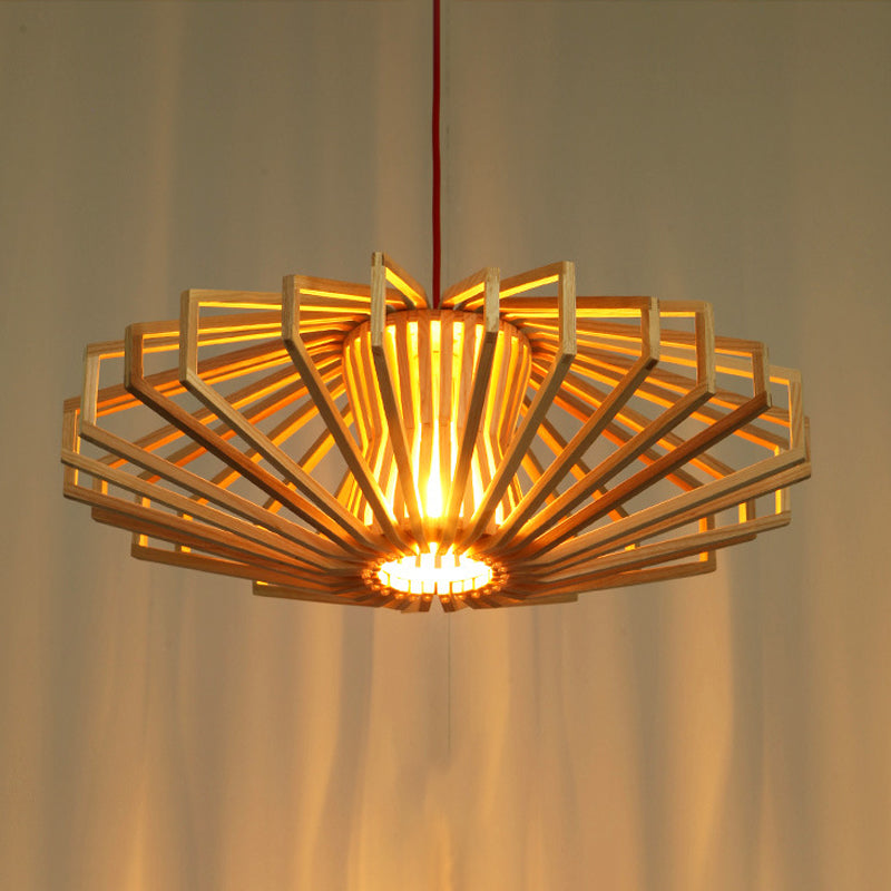 UFO Hollowed out Wood Ceiling Pendant Modern Single Beige Suspension Light for Bedroom