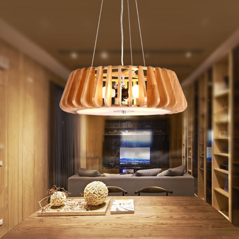 Single-Bulb Dining Room Pendant Light Modern 1 Light Hanging Lamp with Drum Wooden Cage