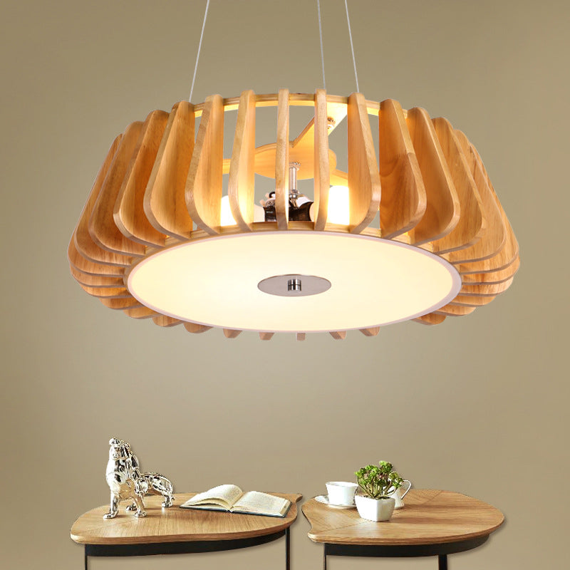 Single-Bulb Dining Room Pendant Light Modern 1 Light Hanging Lamp with Drum Wooden Cage