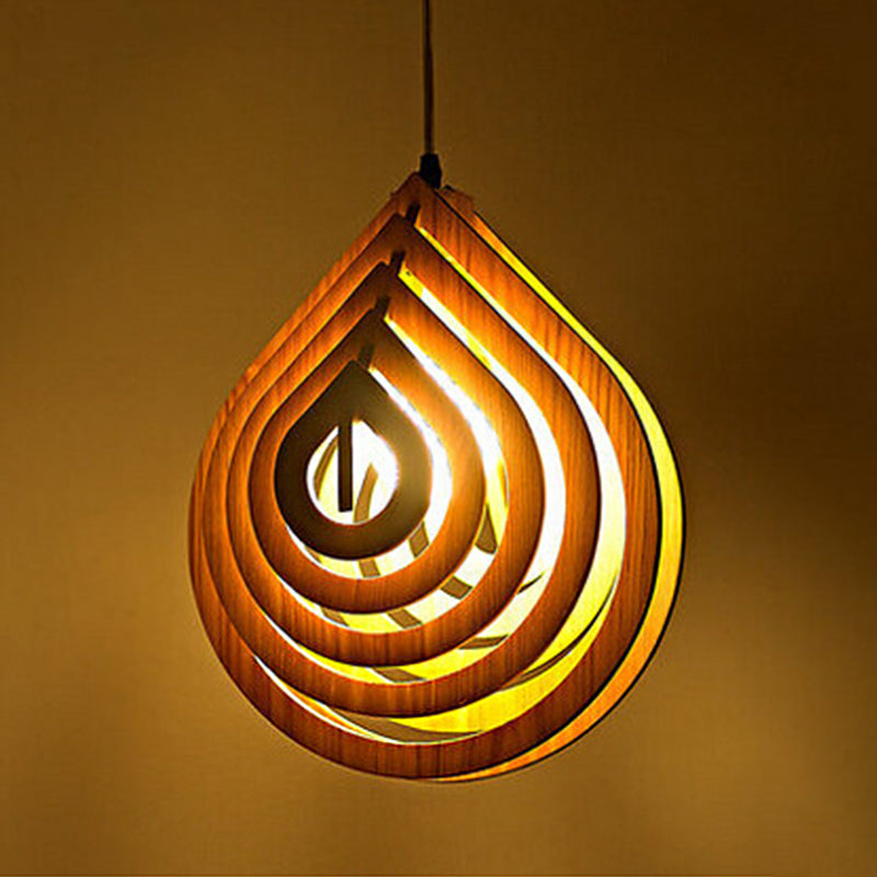 Hollowed-out Droplet Pendant Lighting Modern Wood 1-Light Bedside Down Lighting in Beige
