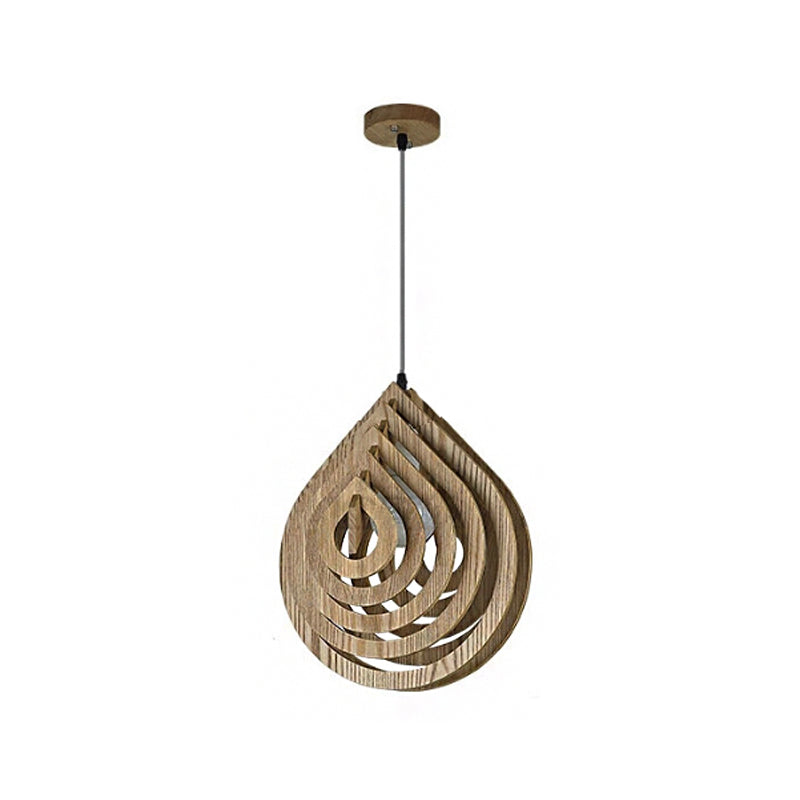 Hollowed-out Droplet Pendant Lighting Modern Wood 1-Light Bedside Down Lighting in Beige