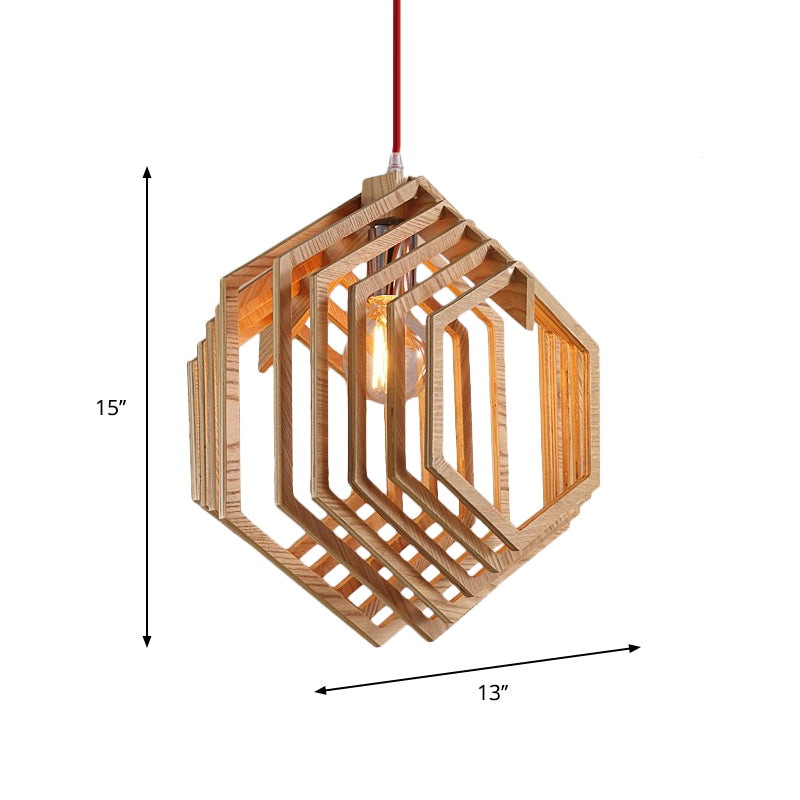 Layered Hexagon Hanging Lamp Modern Wood 1 Bulb Dining Room Ceiling Pendant Light in Brown