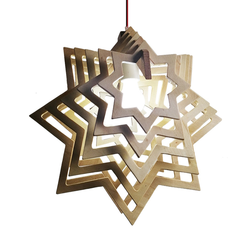Moderne Anise Star Hanging Lamp Kit Wood 1 Head Living Room Hollowed-Out Pendulum Light in Beige