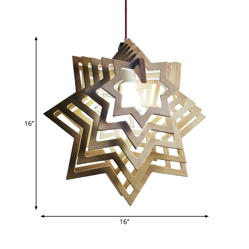 Moderne Anise Star Hanging Lamp Kit Wood 1 Head Living Room Hollowed-Out Pendulum Light in Beige