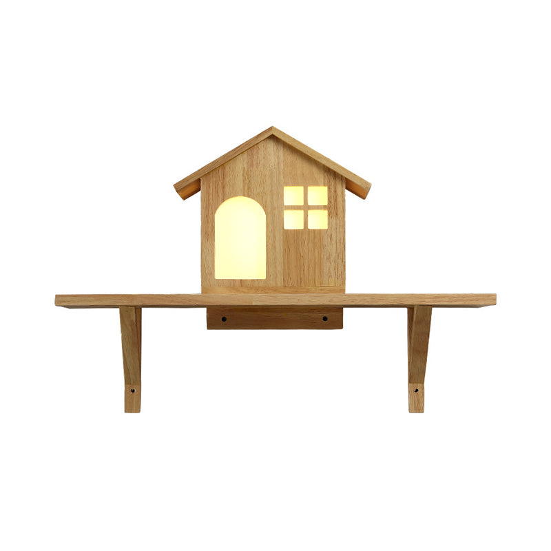 Beige Lodge Wall Lamp Fixture Nordic Wooden LED Wall Sconce with Storage Shelf, Warm/White Light