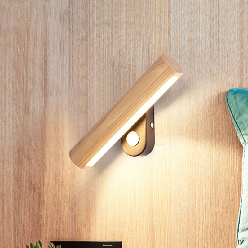 Rotatable Tube Bedside Wall Mount Light Wood 8.5"/12.5" Wide LED Simple Wall Lamp Fixture in Warm/White Light