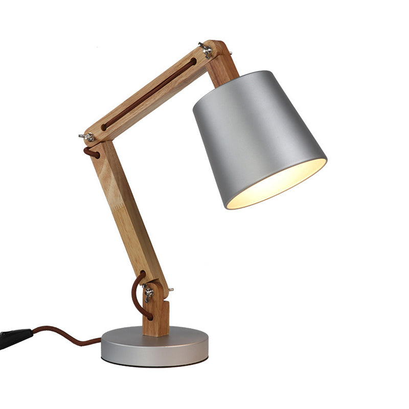 Lampada da scrivania moderna con paralume a secchiello in argento, lampada da lettura moderna in metallo a 1 luce con braccio oscillante in legno