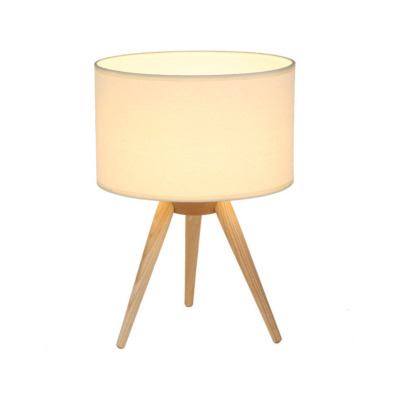 Drum Shade Tripod Night Lamp Novelty Minimalist Fabric Single Bedroom Table Light in Wood