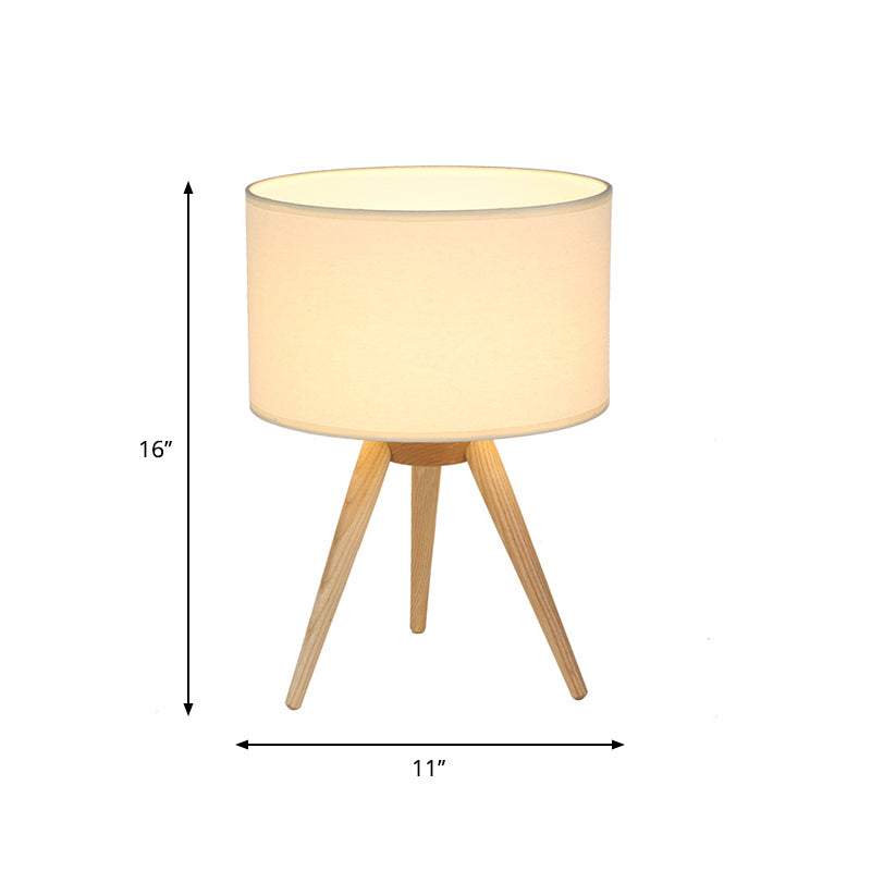 Drum Shade Tripod Night Lamp Novelty Minimalist Fabric Single Bedroom Table Light in Wood