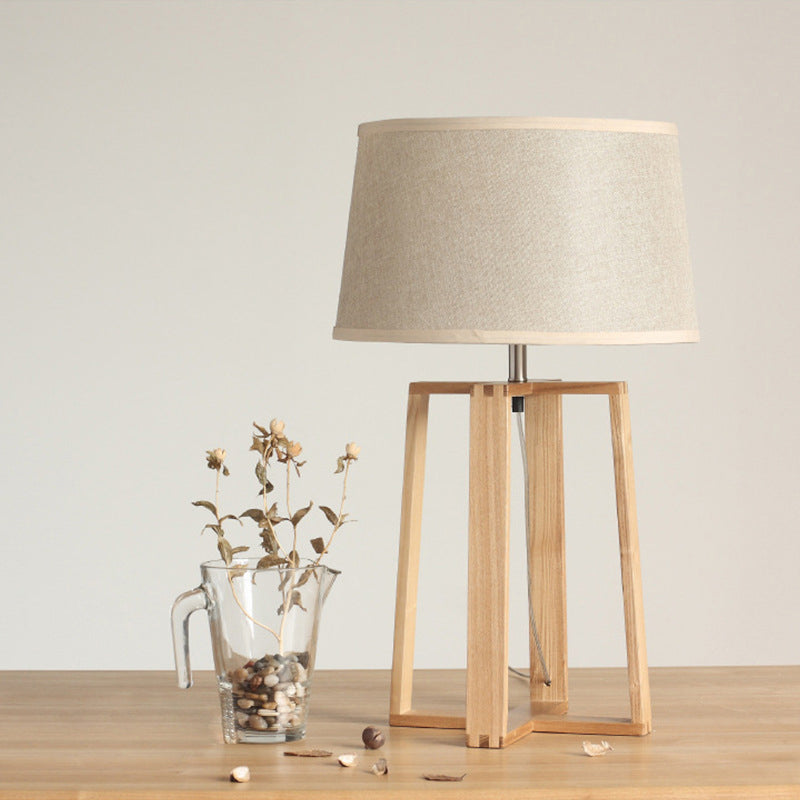 Tapered Drum Table Lamp Contemporary Fabric 1 Bulb Wood Night Light with Trapezoid Base