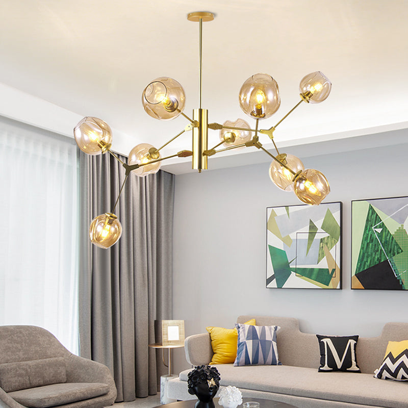 Modern Dimpled Cup Shade Chandelier Amber Glass 9-Bulb Living Room Pendant Lighting Fixture in Gold