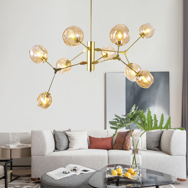 Modern Dimpled Cup Shade Chandelier Amber Glass 9-Bulb Living Room Pendant Lighting Fixture in Gold
