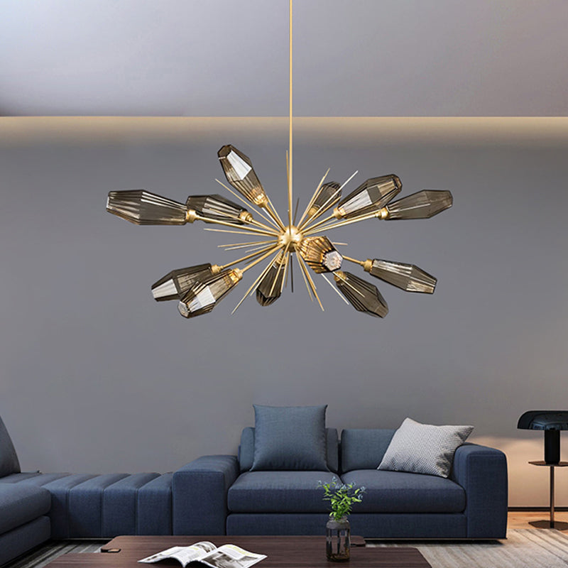 Design scoppiato diamante appeso al soffitto leggero postmoderno fumo grigio vetro a 12 teste lampada lampadario in oro in oro