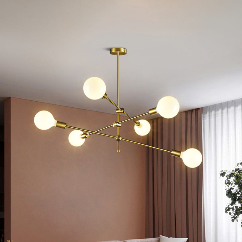 Rotatable 3-Arm Chandelier Minimalism White Ball Glass 6 Bulbs Gold Suspension Pendant Light