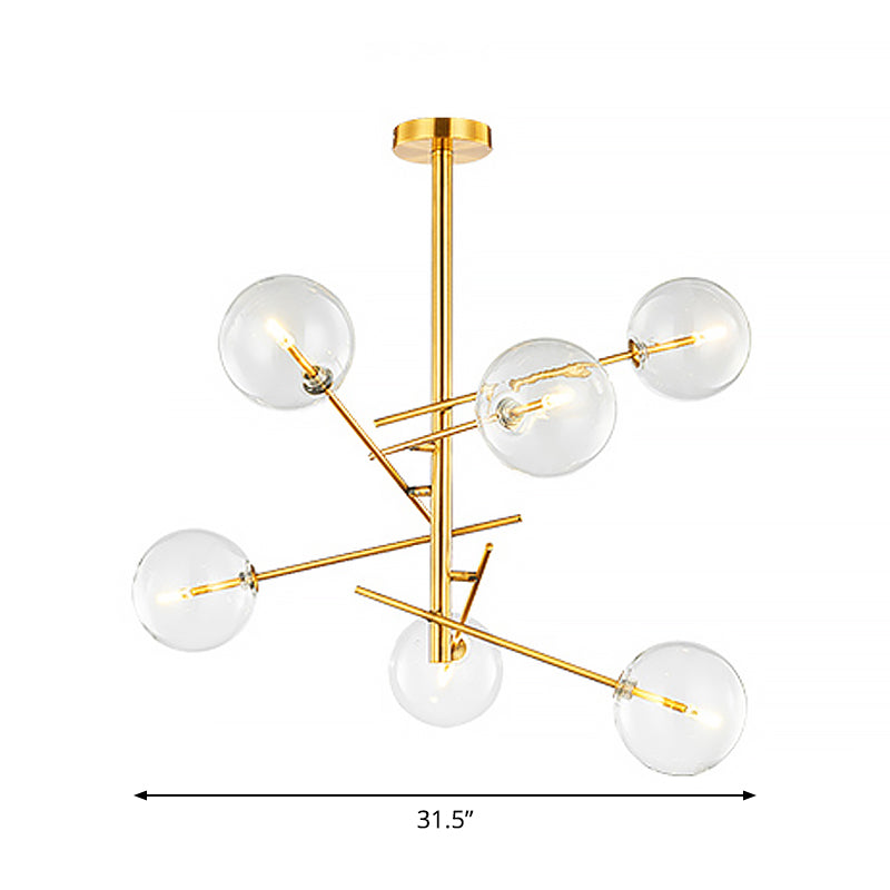 Spherical Kitchen Bar Ceiling Chandelier Clear Glass 6-Bulb Postmodern Hanging Light in Gold