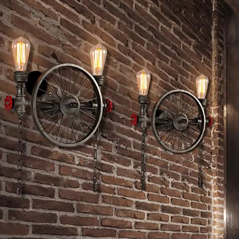 Pipal de steampunk Wheel Wall Pared Splocking Light de pared de hierro 2/4 de cabeza con cadena y válvula en bronce