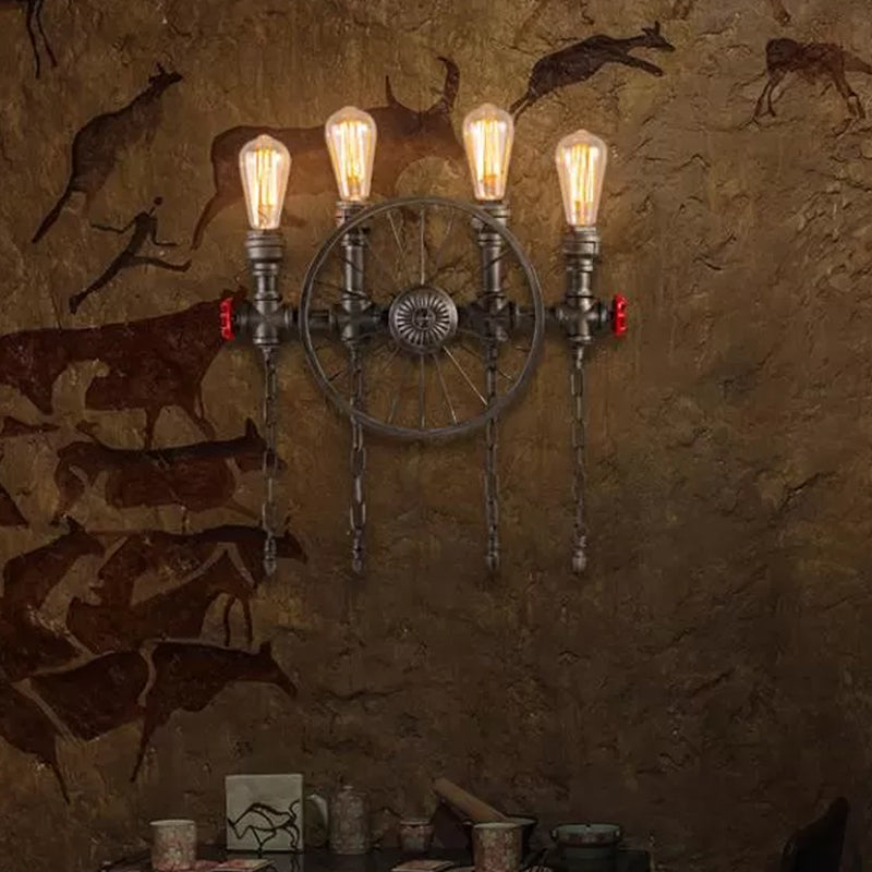 Steampunk Rohrrohr-Radwand 2/4-Kopf-Eisenwandleuchte mit Kette und Ventil in Bronze