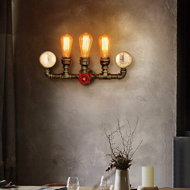 Bronze Pipe Wall Mount Light Warehouse Style Iron 3-Light Dining Room Wall Lamp with Pressure Gauge and Valve Deco