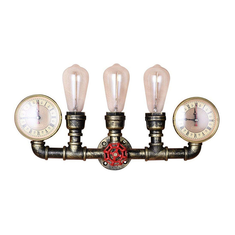 Bronze Pipe Wall Mount Light Warehouse Style Iron 3-Light Dining Room Wall Lamp with Pressure Gauge and Valve Deco