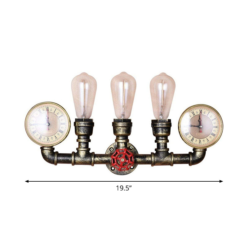 Bronze Pipe Wall Mount Light Warehouse Style Iron 3-Light Dining Room Wall Lamp with Pressure Gauge and Valve Deco