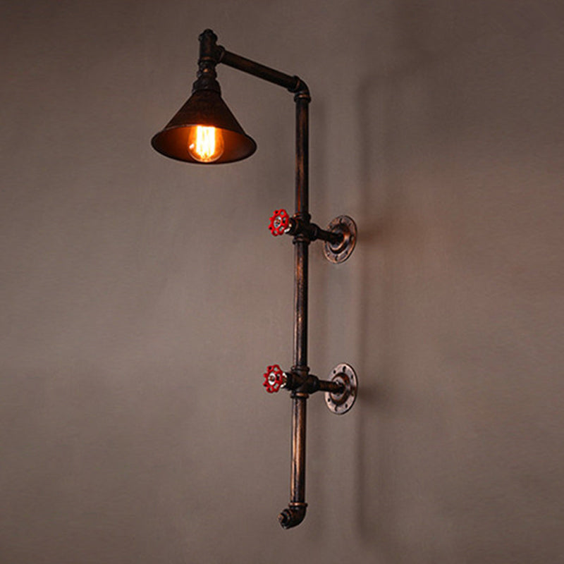 Cone Shade Iron Wall Light Kit Industrial Single Living Room Wall Mount Lamp with Valve and Bracket Design in Bronze