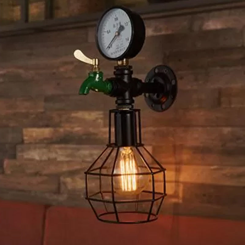1-Light Water-Tap Wall Light Industrial Black and Green Metal Wall Mounted Lamp with Gauge and Cage
