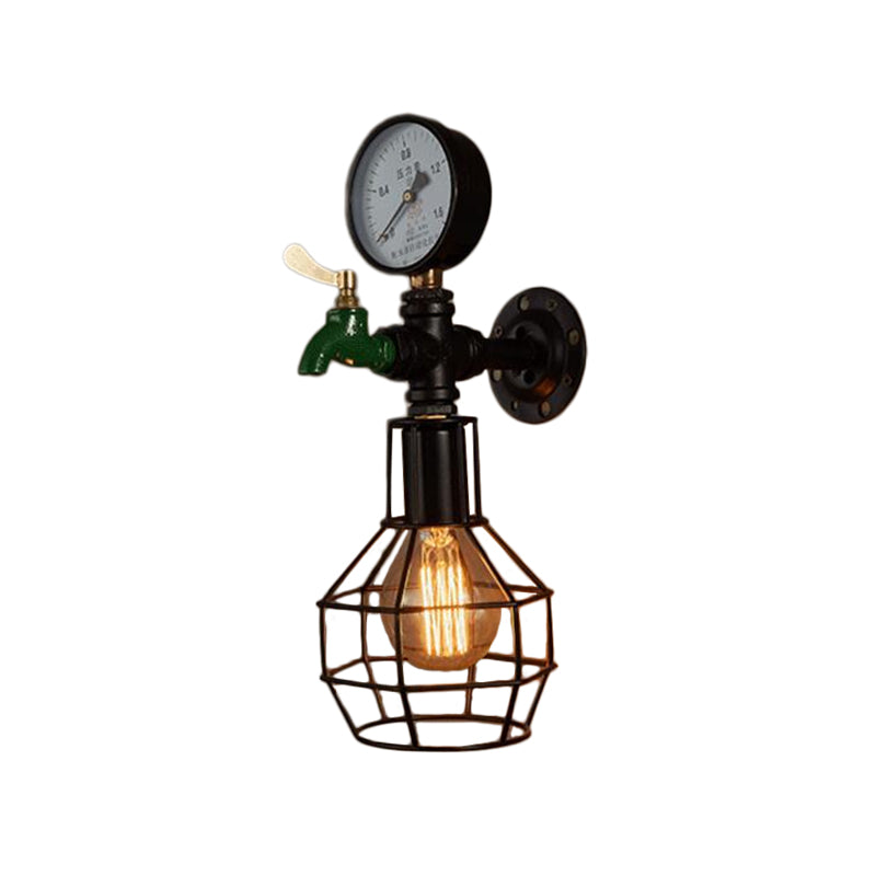 1-Light Water-Tap Wall Light Industrial Black and Green Metal Wall Mounted Lamp with Gauge and Cage