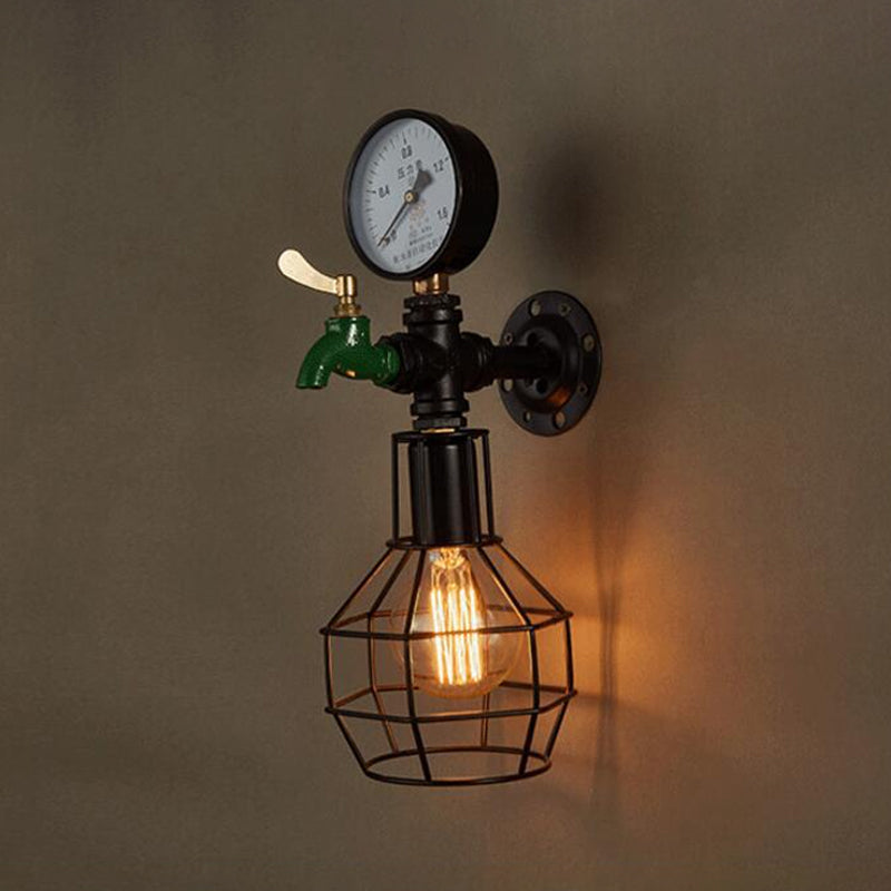 1-Light Water-Tap Wall Light Industrial Black and Green Metal Wall Mounted Lamp with Gauge and Cage