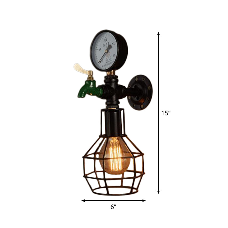 1-Light Water-Tap Wall Light Industrial Black and Green Metal Wall Mounted Lamp with Gauge and Cage