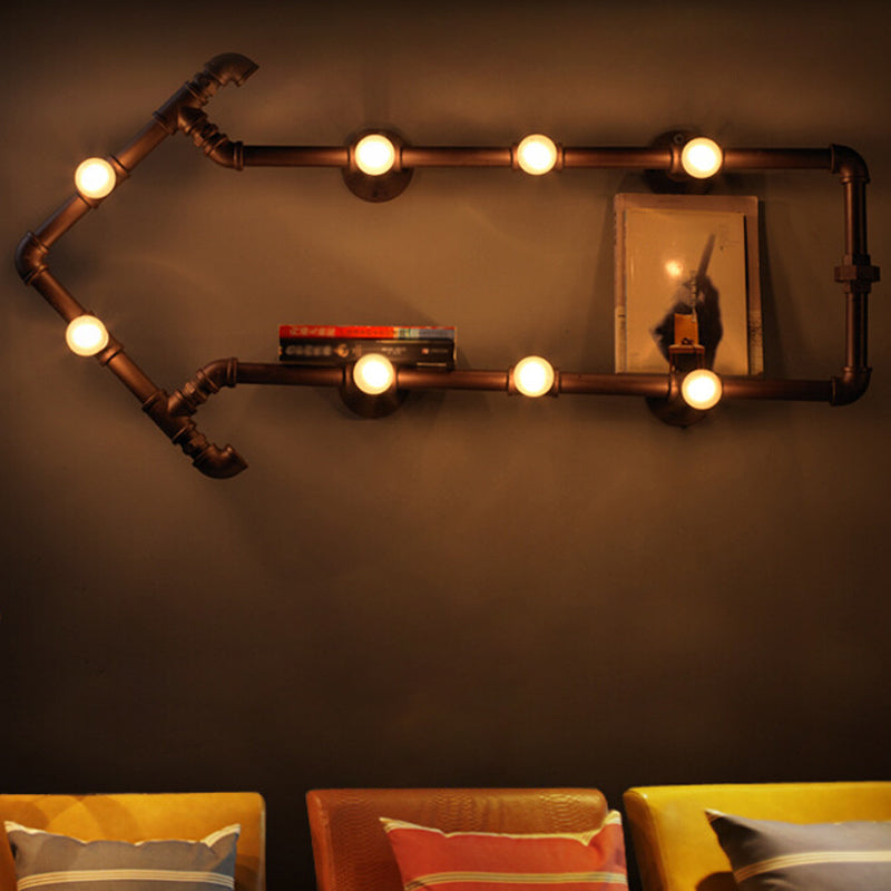 Black/Copper Arrow Wall Light Industrial Iron 8 Lights Living Room Wall Sconce with Book Rack Design