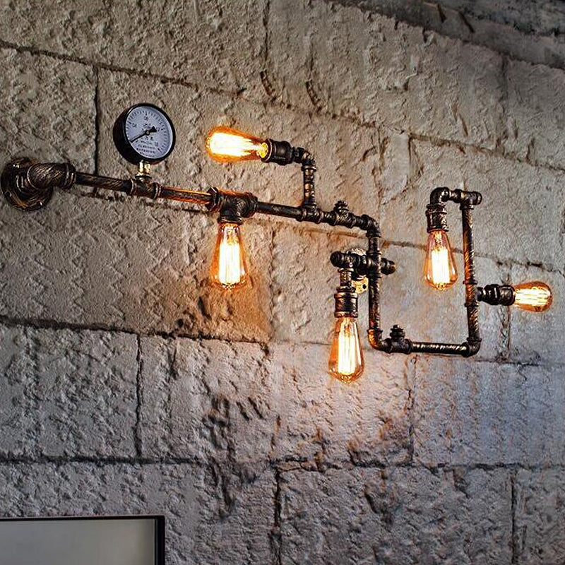 Rust/Bronze 5-Head Wall Lighting Ideas Industrial Wrought Iron Pipe System Wall Mounted Lamp with Pressure Gauge