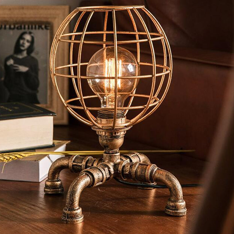 Bronze Single-Bulb Table Light Warehouse Style Iron 3-Leg/4-Leg/Sitting Robot Nightstand Lamp with/without Cage Guard
