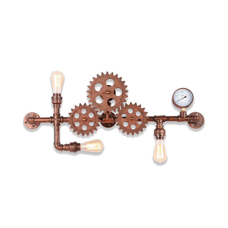 Wrought Iron Gear Water Pipe Wall Light Industrial Style 3-Bulb Living Room Wall Sconce in Copper/Bronze
