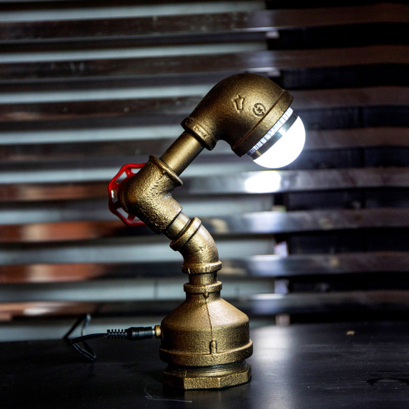 1 Bulb Metal Night Lamp Steampunk Brass Robot-Shaped Pipe Bedroom Table Light with Valve Rotary Switch, Warm/White Light