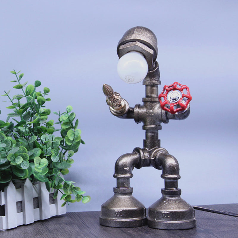 Silver Pipe Warrior Night Light Cyberpunk Iron 1 Head Boys Bedside Table Lamp with Valve Switch