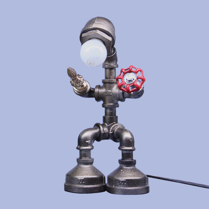 Silver Pipe Warrior Night Light Cyberpunk Iron 1 Head Boys Bedside Table Lamp with Valve Switch