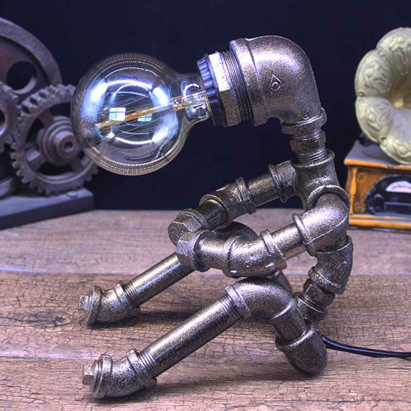Metallic Silver Table Lighting Robot Pipe 1-Bulb Industrial Nightstand Light with Exposed Bulb Design