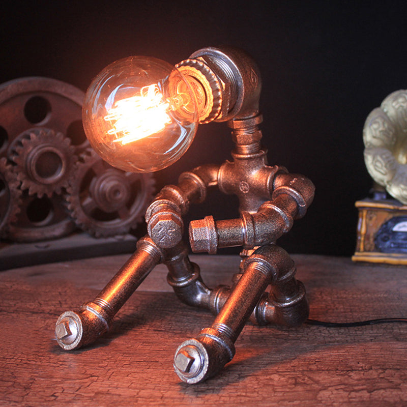 Metallic Silver Table Lighting Robot Pipe 1-Bulb Industrial Nightstand Light with Exposed Bulb Design