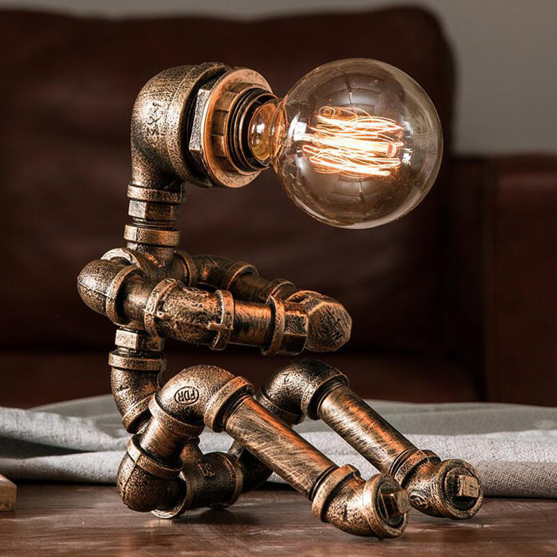 Industrial Pipe Man Night Lamp 1 Head Wrought Iron Table Light in Brass for Boys Room