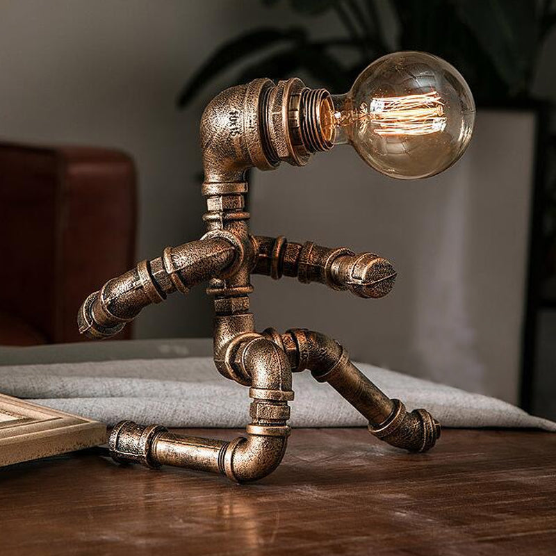 Industrial Pipe Man Night Lamp 1 Head Wrought Iron Table Light in Brass for Boys Room